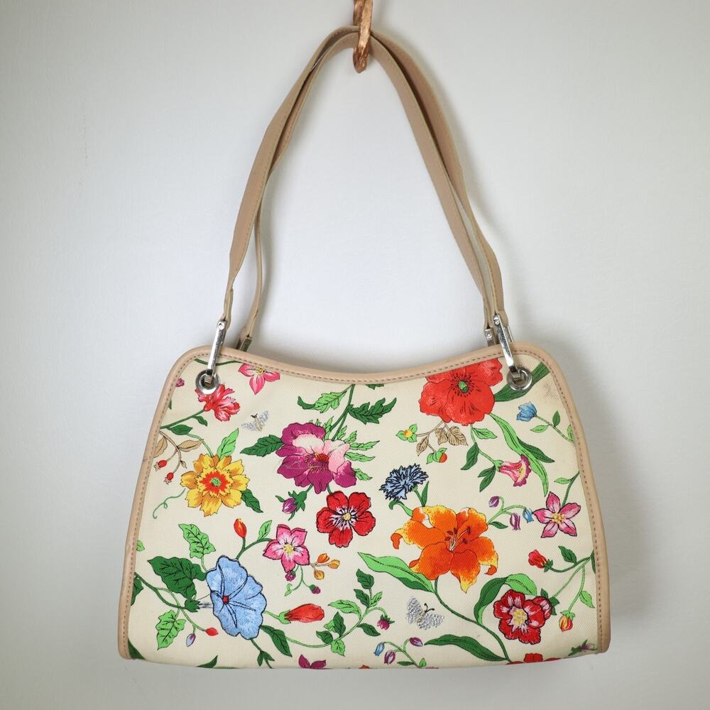 Ann Taylor Handbag M Multicolor Canvas FloralButterfly Leather Trim Satchel Bag